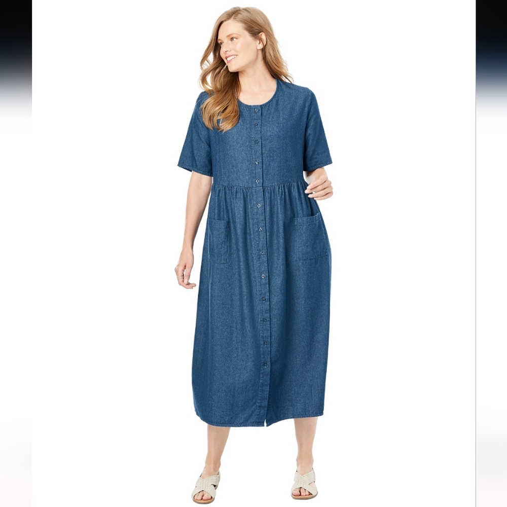 Woman Within Blue Denim Button Front Dress Size 36W Chambray Short Sleeved Long